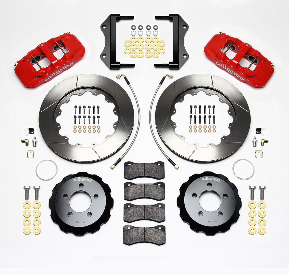 Wilwood AERO6 Big Brake Front Brake Kit Parts Laid Out - Red Powder Coat Caliper - GT Slotted Rotor