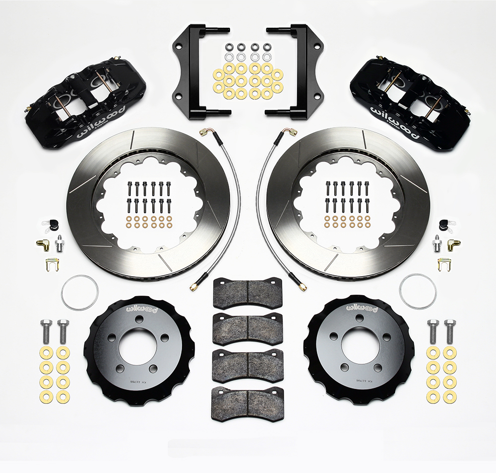 Wilwood AERO6 Big Brake Front Brake Kit Parts Laid Out - Black Powder Coat Caliper - GT Slotted Rotor