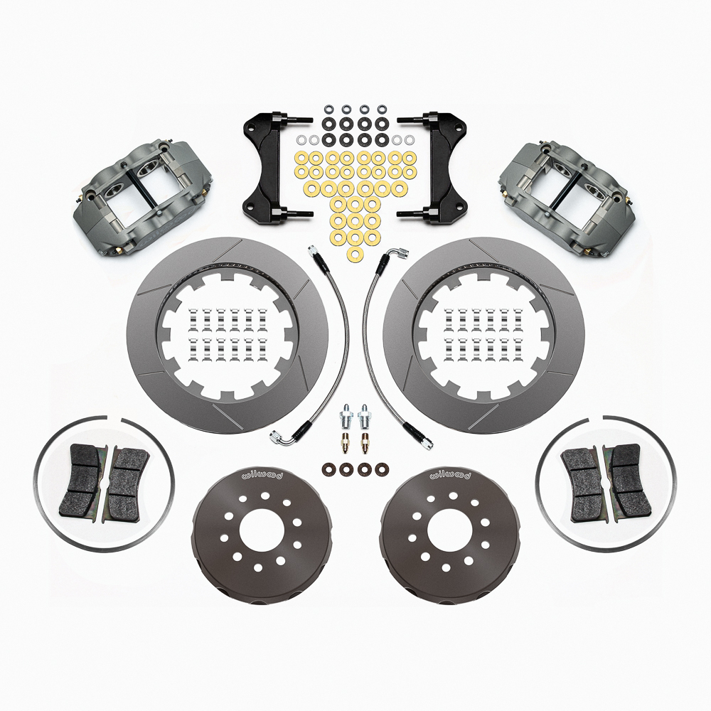 Wilwood Forged Superlite 4R Big Brake Front Brake Kit (Race) Parts Laid Out - Type III Anodize Caliper - GT Slotted Rotor