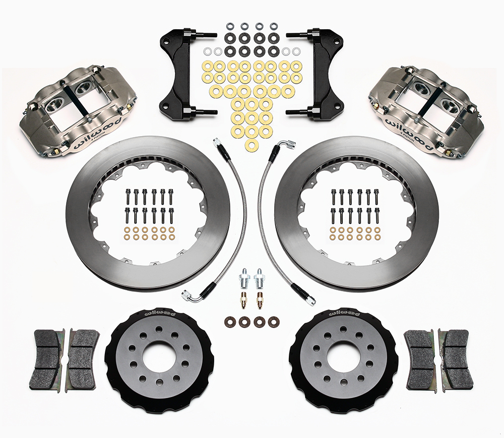 Wilwood Forged Superlite 4R Big Brake Front Brake Kit (Race) Parts Laid Out - Nickel Plate Caliper - Plain Face Rotor