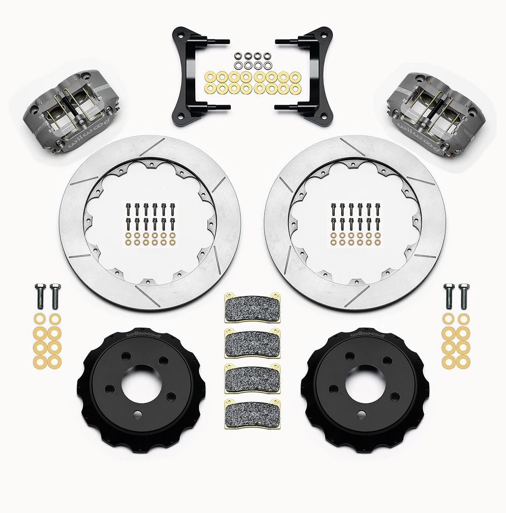 Wilwood Dynapro Radial Front Pro-Street Brake Kit Parts Laid Out - Type III Anodize Caliper - GT Slotted Rotor
