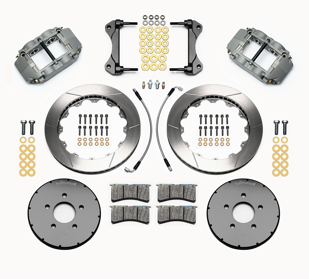 Wilwood Forged Superlite 4R Big Brake Front Brake Kit (Race) Parts Laid Out - Type III Anodize Caliper - GT Slotted Rotor