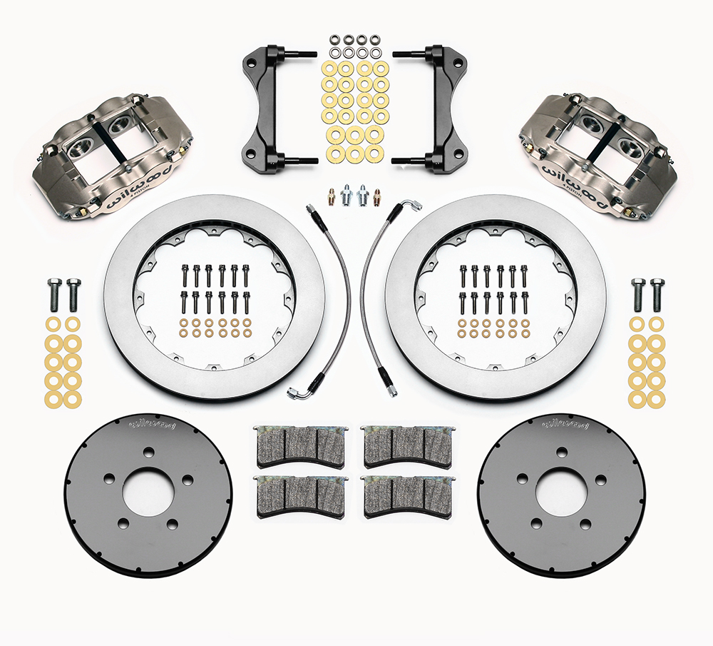 Wilwood Forged Superlite 4R Big Brake Front Brake Kit (Race) Parts Laid Out - Nickel Plate Caliper - Plain Face Rotor