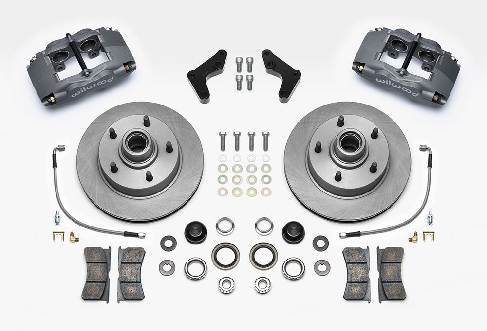 Wilwood Classic Series Forged Superlite 4 Front Brake Kit Parts Laid Out - Type III Anodize Caliper - Plain Face Rotor