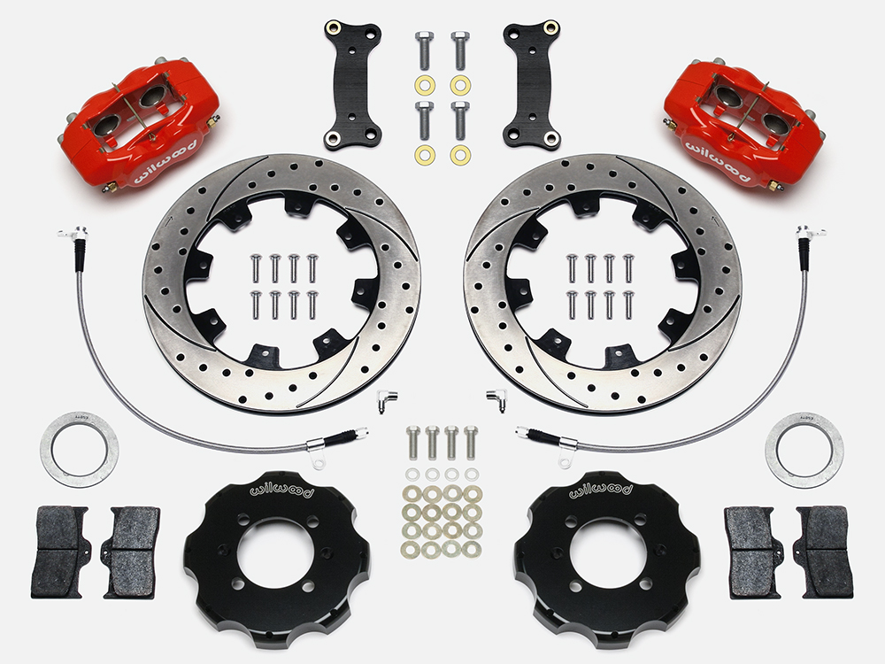 Wilwood Forged Dynalite Big Brake Front Brake Kit (Hat) Parts Laid Out - Red Powder Coat Caliper - SRP Drilled & Slotted Rotor