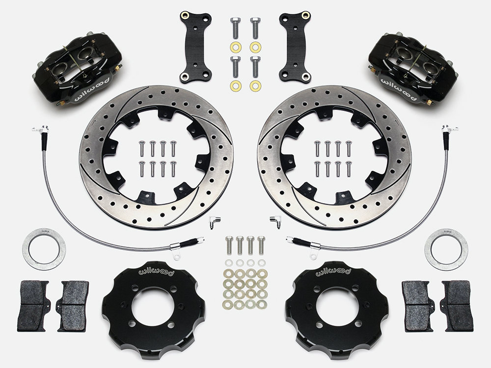 Wilwood Forged Dynalite Big Brake Front Brake Kit (Hat) Parts Laid Out - Black Powder Coat Caliper - SRP Drilled & Slotted Rotor