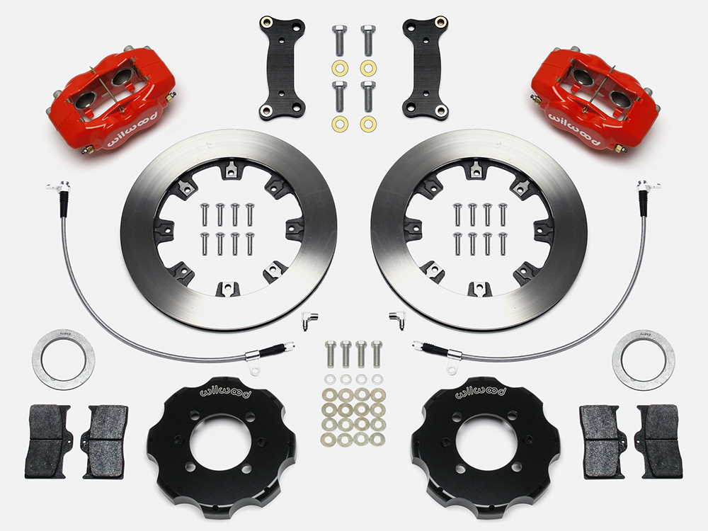 Wilwood Forged Dynalite Big Brake Front Brake Kit (Hat) Parts Laid Out - Red Powder Coat Caliper - Plain Face Rotor