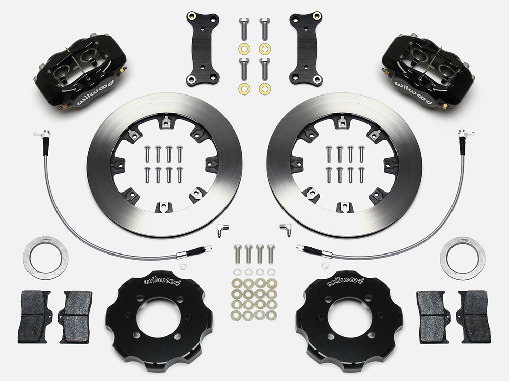 Wilwood Forged Dynalite Big Brake Front Brake Kit (Hat) Parts Laid Out - Black Powder Coat Caliper - Plain Face Rotor