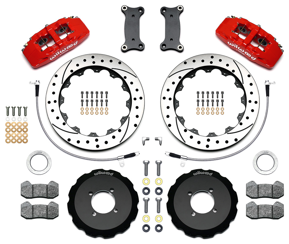 Wilwood Forged Dynapro 6 Big Brake Front Brake Kit (Hat) Parts Laid Out - Red Powder Coat Caliper - SRP Drilled & Slotted Rotor