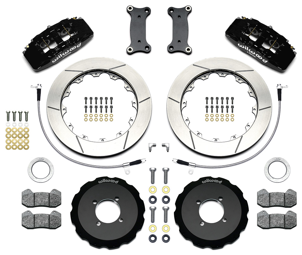 Wilwood Forged Dynapro 6 Big Brake Front Brake Kit (Hat) Parts Laid Out - Black Powder Coat Caliper - GT Slotted Rotor