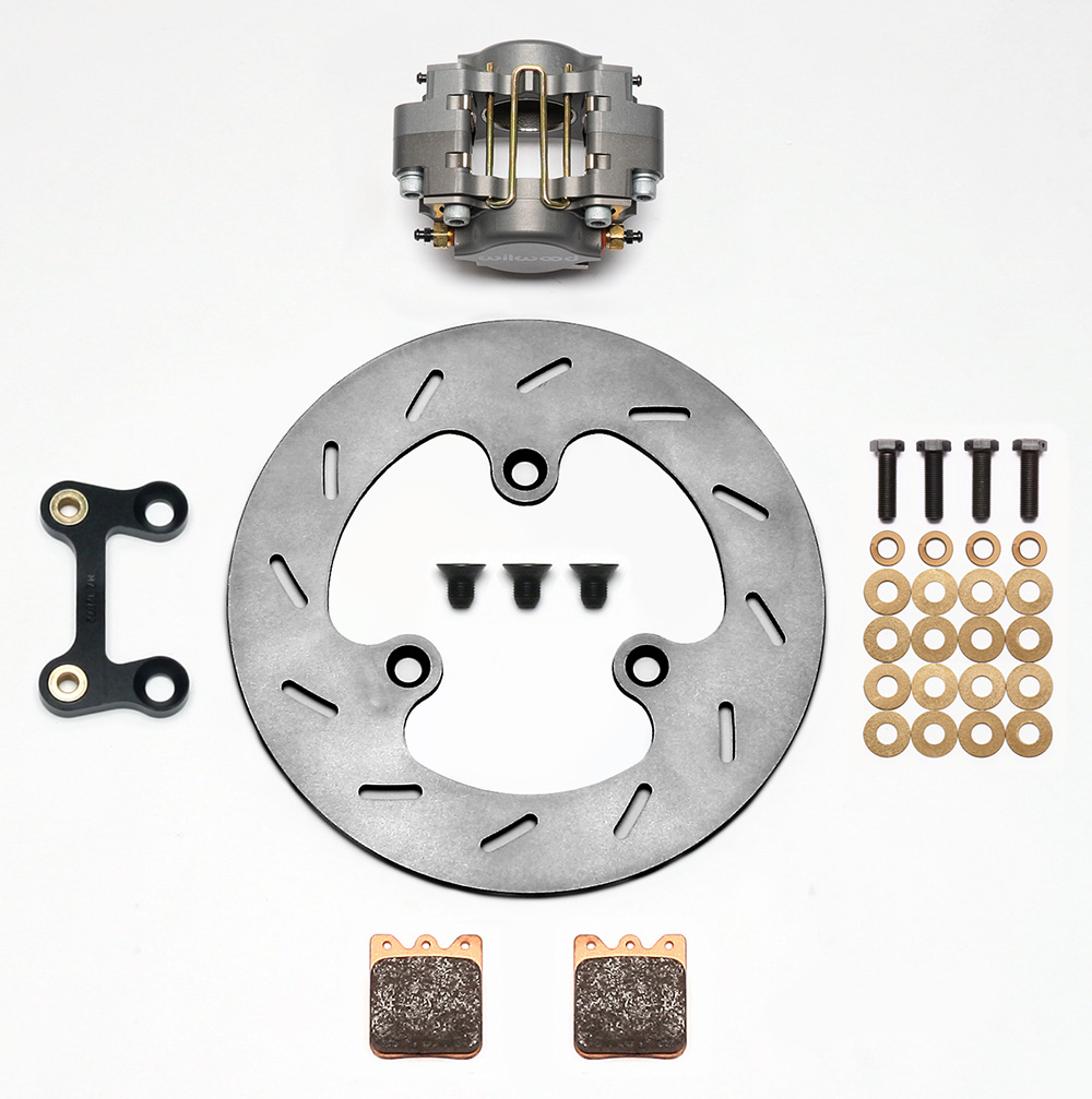 Wilwood Dynapro Single Left Front Sprint Brake Kit Parts Laid Out - Type III Anodize Caliper - Slotted Rotor