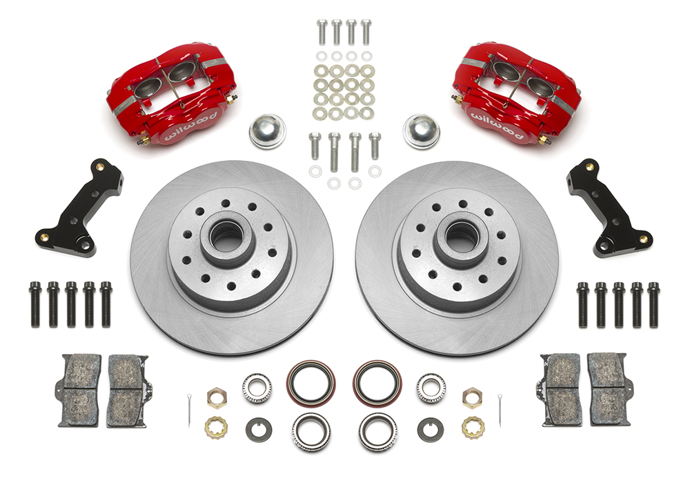 Wilwood Classic Series Dynalite Front Brake Kit Parts Laid Out - Red Powder Coat Caliper - Plain Face Rotor