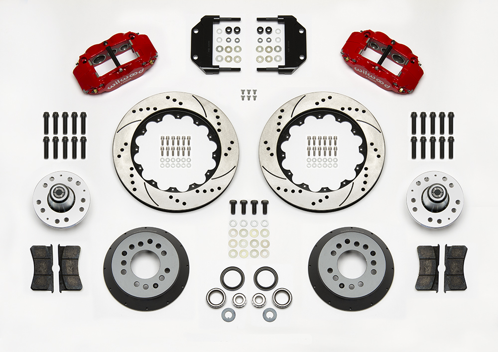 Wilwood Forged Narrow Superlite 6R Big Brake Front Brake Kit (Hub) Parts Laid Out - Red Powder Coat Caliper - SRP Drilled & Slotted Rotor