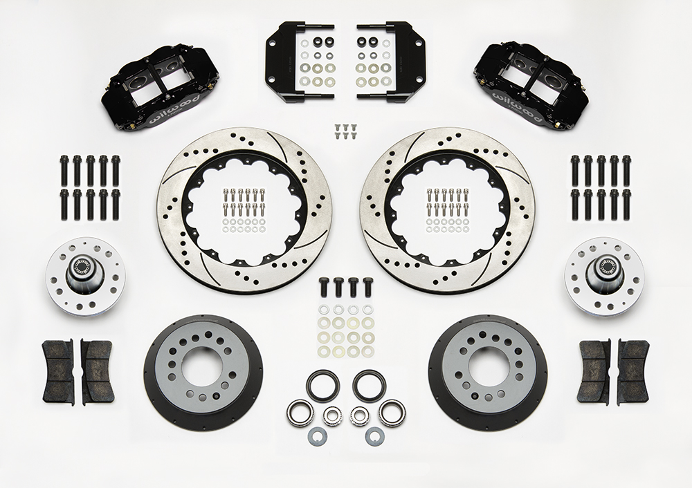 Wilwood Forged Narrow Superlite 6R Big Brake Front Brake Kit (Hub) Parts Laid Out - Black Powder Coat Caliper - SRP Drilled & Slotted Rotor