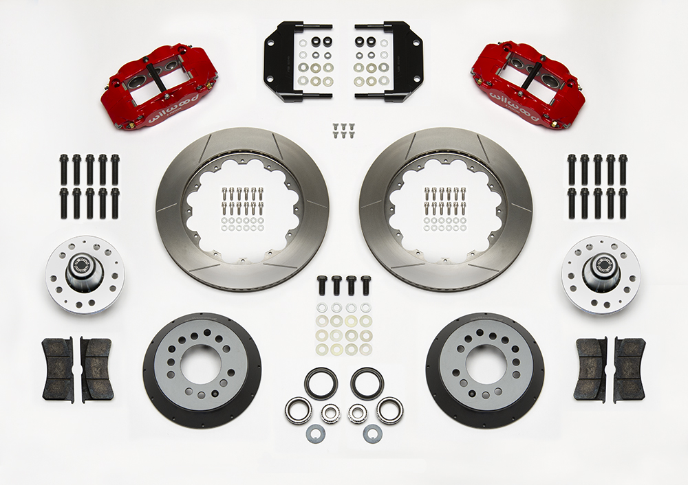 Wilwood Forged Narrow Superlite 6R Big Brake Front Brake Kit (Hub) Parts Laid Out - Red Powder Coat Caliper - GT Slotted Rotor