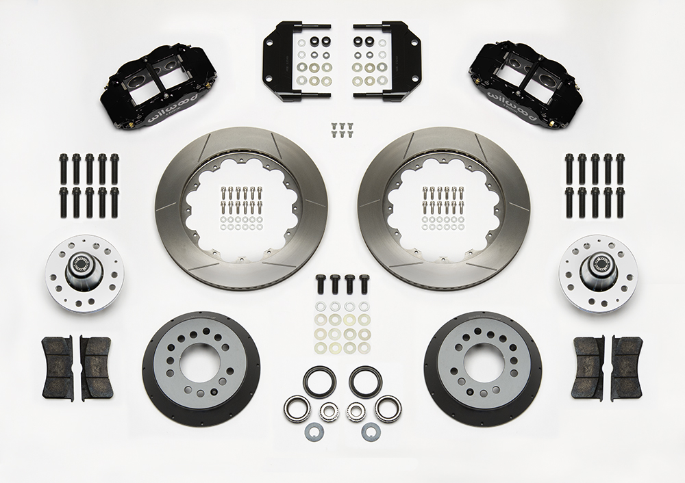 Wilwood Forged Narrow Superlite 6R Big Brake Front Brake Kit (Hub) Parts Laid Out - Black Powder Coat Caliper - GT Slotted Rotor
