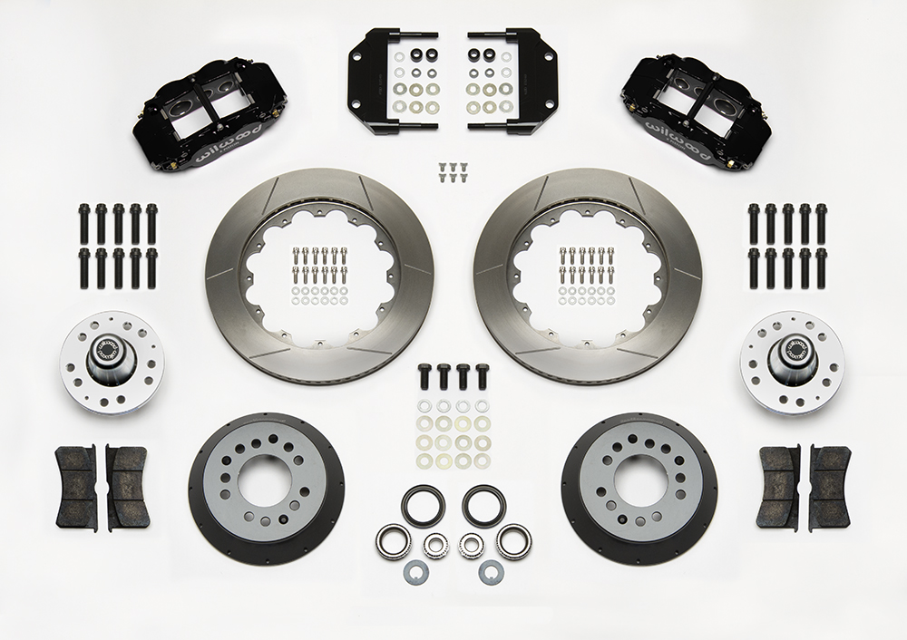 Wilwood Forged Narrow Superlite 6R Big Brake Front Brake Kit (Hub) Parts Laid Out - Black Powder Coat Caliper - GT Slotted Rotor