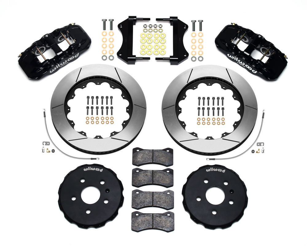 Wilwood AERO6 Big Brake Front Brake Kit Parts Laid Out - Black Powder Coat Caliper - GT Slotted Rotor