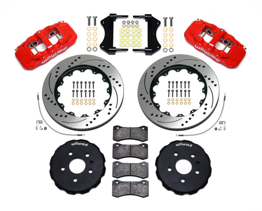 Wilwood AERO6 Big Brake Front Brake Kit Parts Laid Out - Red Powder Coat Caliper - SRP Drilled & Slotted Rotor