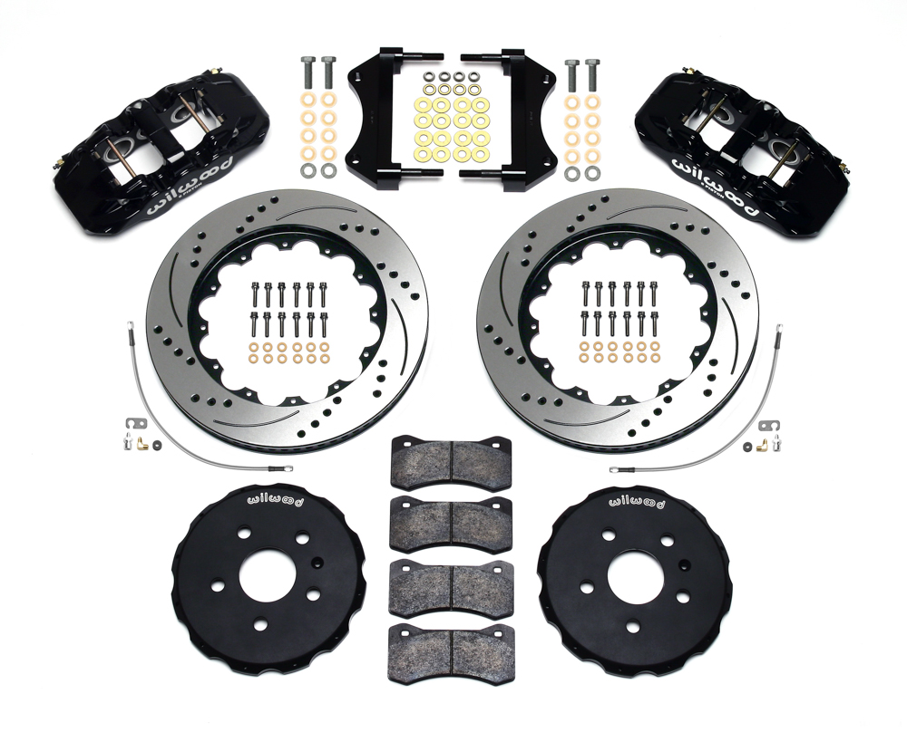 Wilwood AERO6 Big Brake Front Brake Kit Parts Laid Out - Black Powder Coat Caliper - SRP Drilled & Slotted Rotor