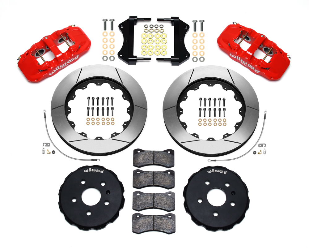 Wilwood AERO6 Big Brake Front Brake Kit Parts Laid Out - Red Powder Coat Caliper - GT Slotted Rotor