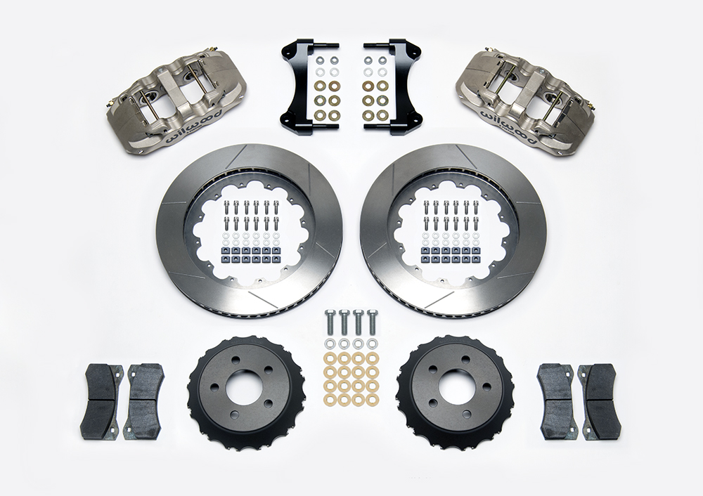 Wilwood AERO6 Big Brake Front Brake Kit (Race) Parts Laid Out - Nickel Plate Caliper - GT Slotted Rotor