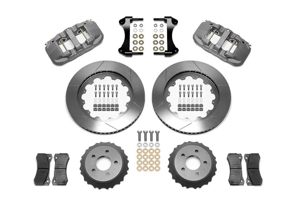 Wilwood AERO6 Big Brake Front Brake Kit (Race) Parts Laid Out - Type III Ano Caliper - GT Slotted Rotor
