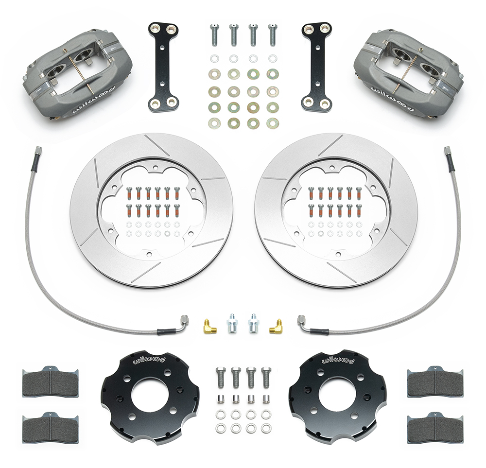 Wilwood Forged Dynalite Big Brake Front Brake Kit (Race) Parts Laid Out - Type III Anodize Caliper - GT Slotted Rotor