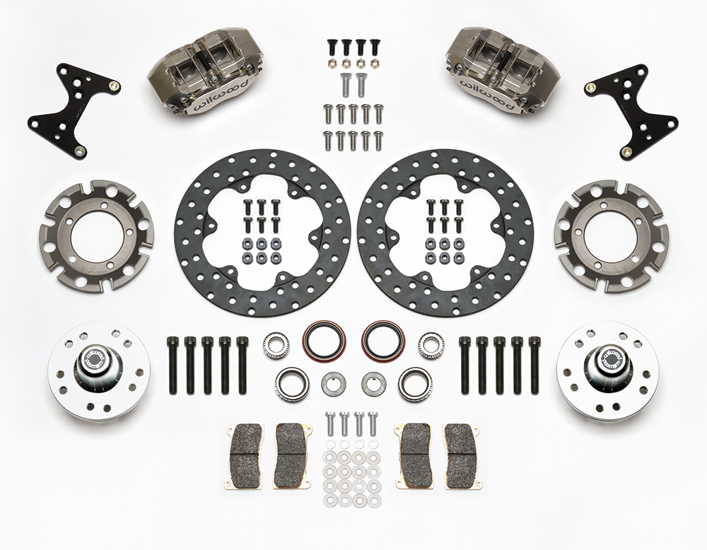 Wilwood Dynapro Lug Mount Front Dynamic Drag Brake Kit Parts Laid Out - Nickel Plate Caliper - Drilled Rotor