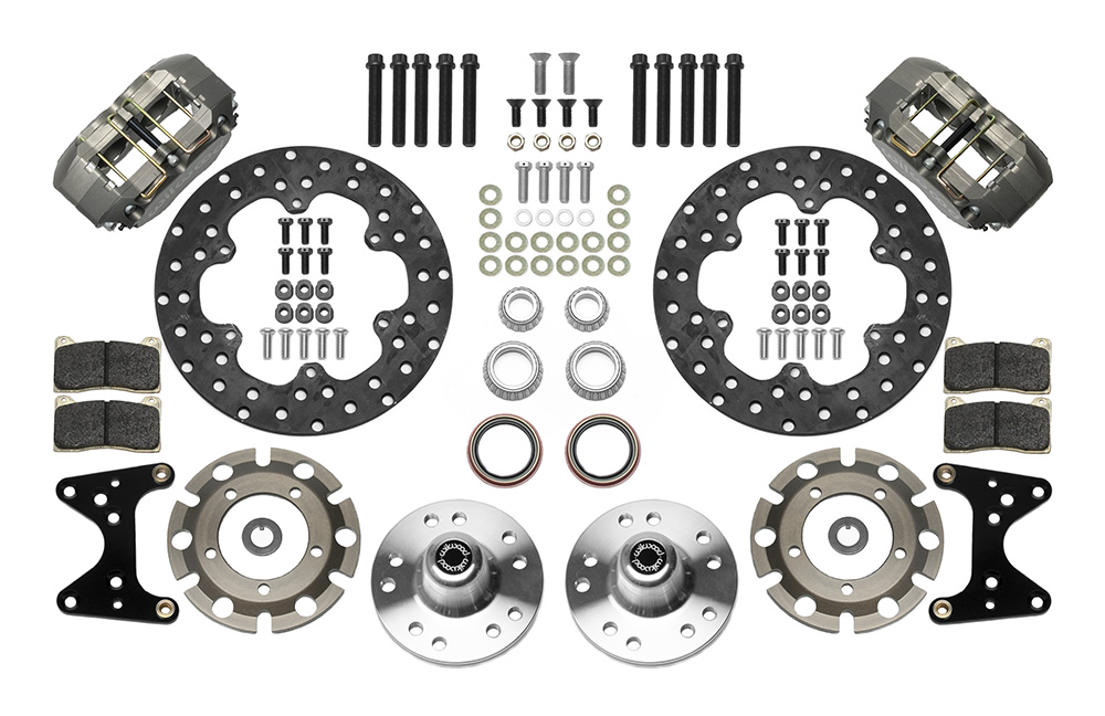 Wilwood Dynapro Lug Mount Front Dynamic Drag Brake Kit Parts Laid Out - Type III Anodize Caliper - Drilled Rotor