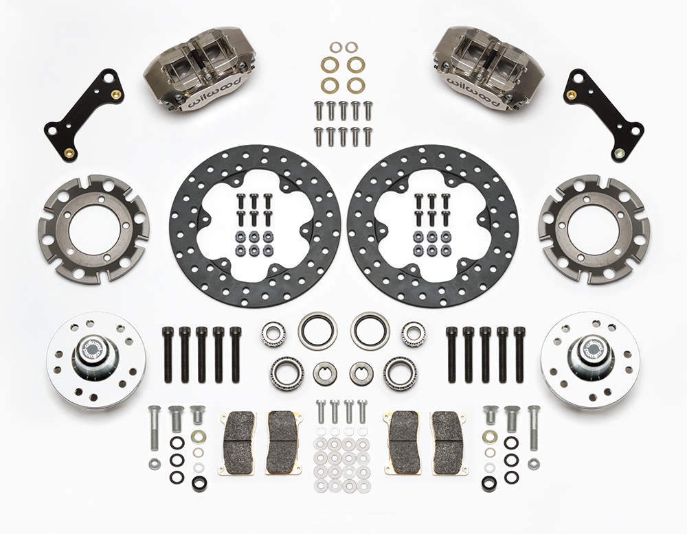 Wilwood Dynapro Lug Mount Front Dynamic Drag Brake Kit Parts Laid Out - Nickel Plate Caliper - Drilled Rotor