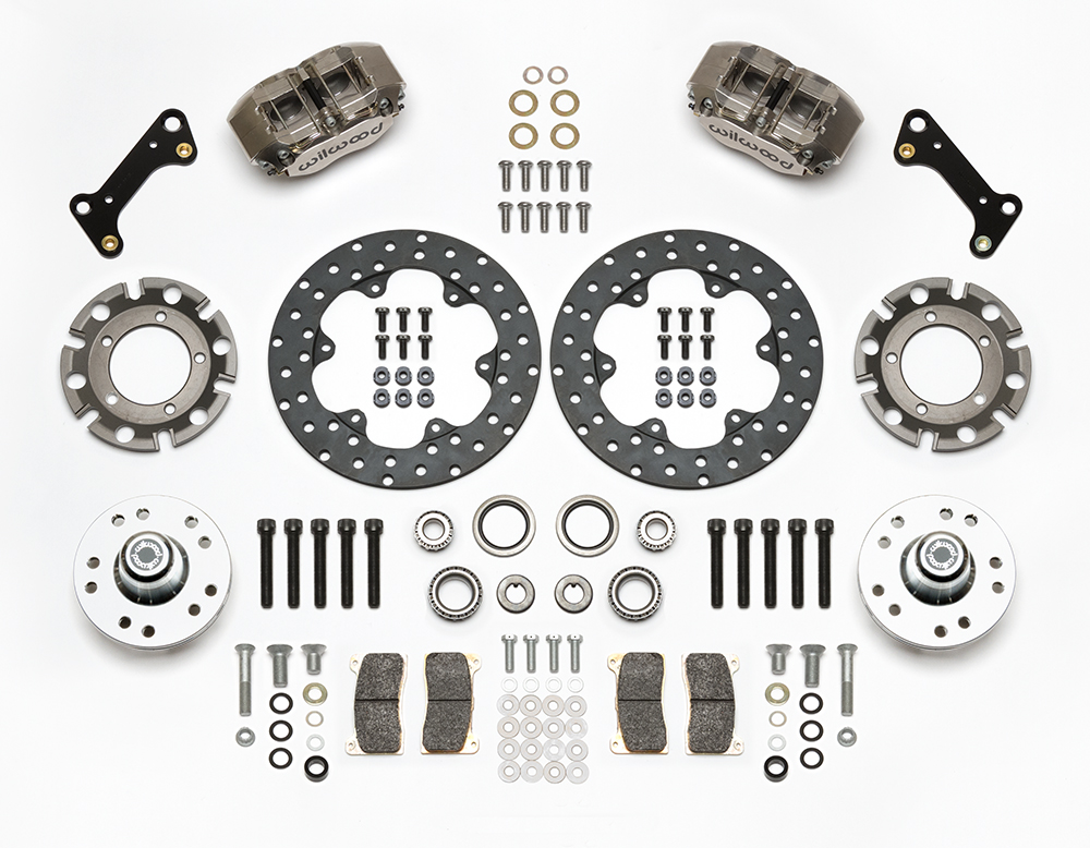 Wilwood Dynapro Lug Mount Front Dynamic Drag Brake Kit Parts Laid Out - Nickel Plate Caliper - Drilled Rotor