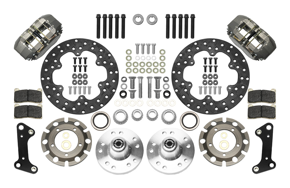 Wilwood Dynapro Lug Mount Front Dynamic Drag Brake Kit Parts Laid Out - Type III Anodize Caliper - Drilled Rotor