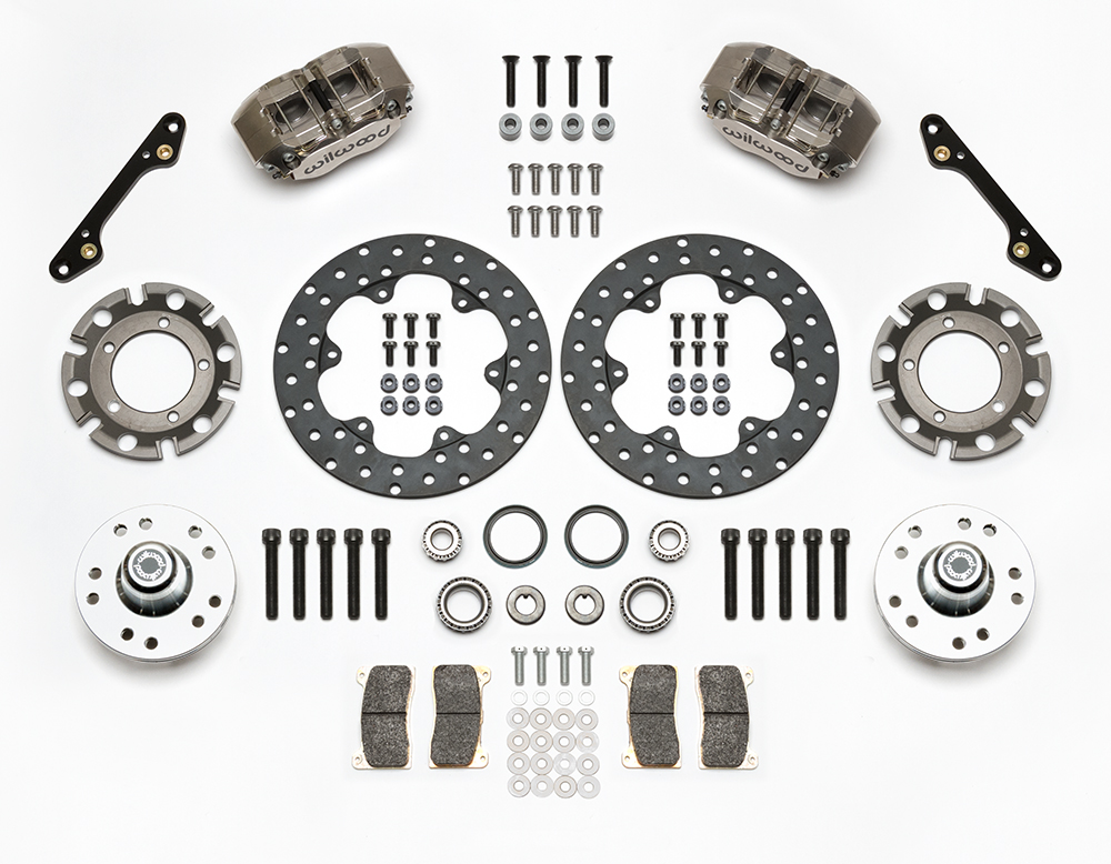 Wilwood Dynapro Lug Mount Front Dynamic Drag Brake Kit Parts Laid Out - Nickel Plate Caliper - Drilled Rotor