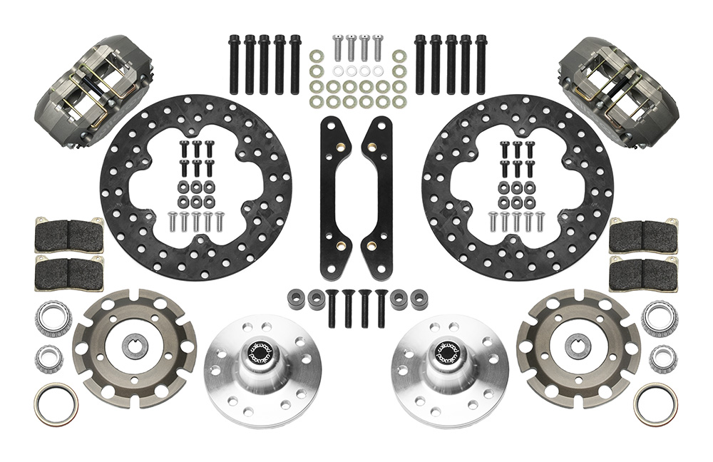 Wilwood Dynapro Lug Mount Front Dynamic Drag Brake Kit Parts Laid Out - Type III Anodize Caliper - Drilled Rotor