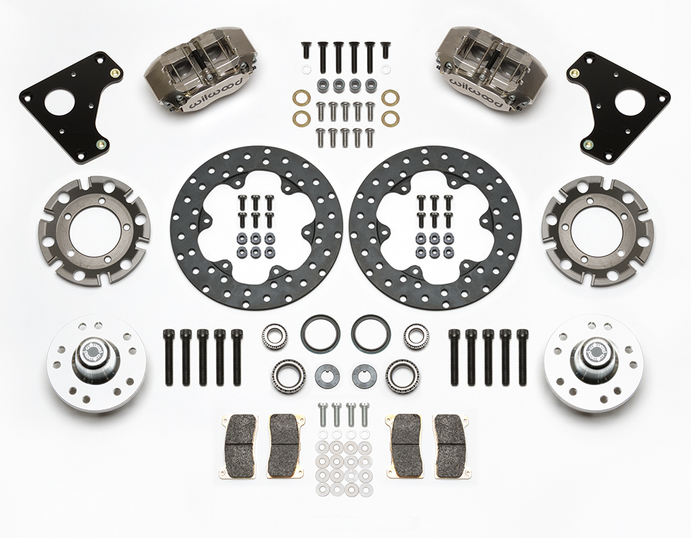 Wilwood Dynapro Lug Mount Front Dynamic Drag Brake Kit Parts Laid Out - Nickel Plate Caliper - Drilled Rotor