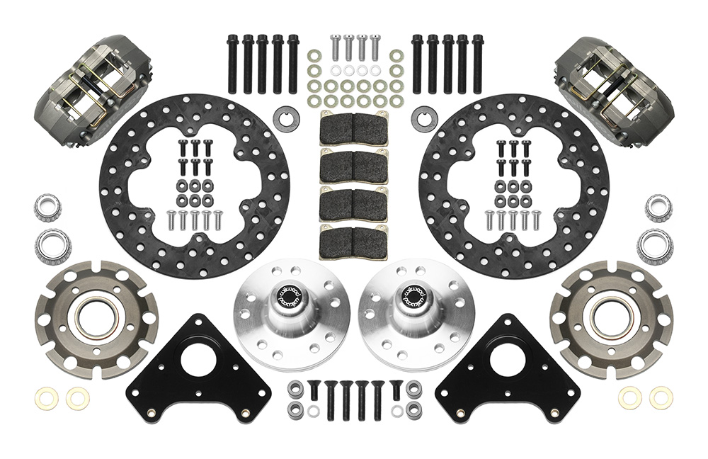 Wilwood Dynapro Lug Mount Front Dynamic Drag Brake Kit Parts Laid Out - Type III Anodize Caliper - Drilled Rotor