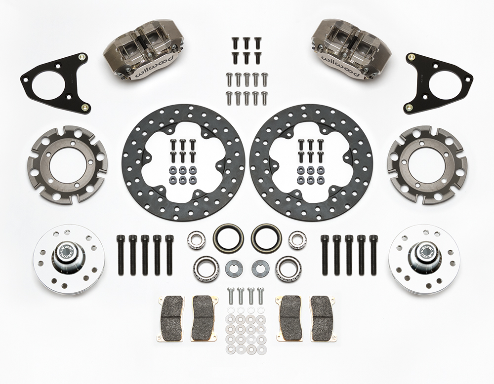 Wilwood Dynapro Lug Mount Front Dynamic Drag Brake Kit Parts Laid Out - Nickel Plate Caliper - Drilled Rotor