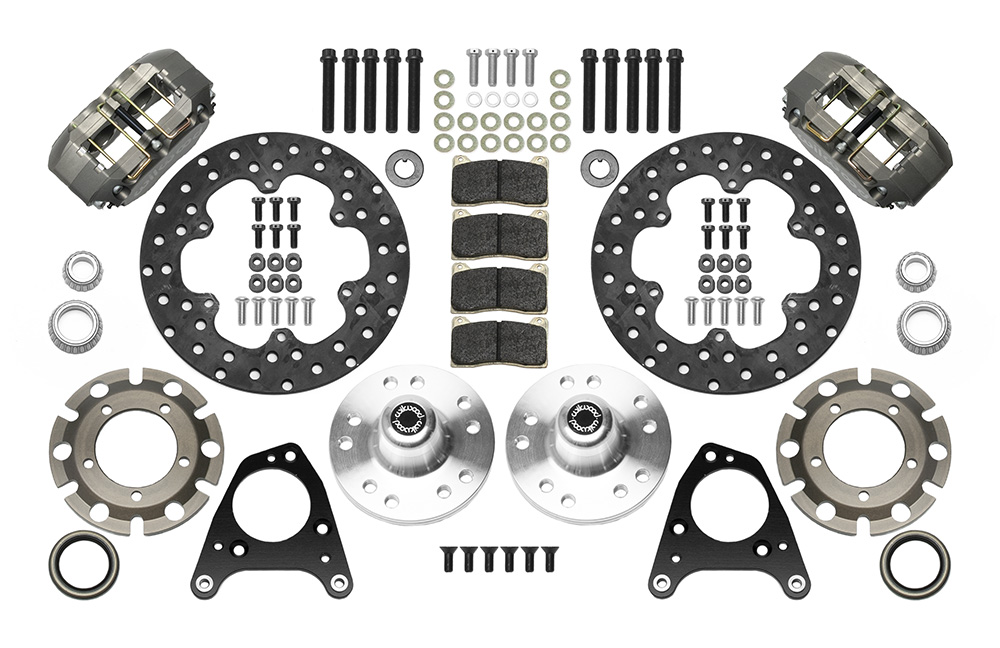 Wilwood Dynapro Lug Mount Front Dynamic Drag Brake Kit Parts Laid Out - Type III Ano Caliper - Drilled Rotor