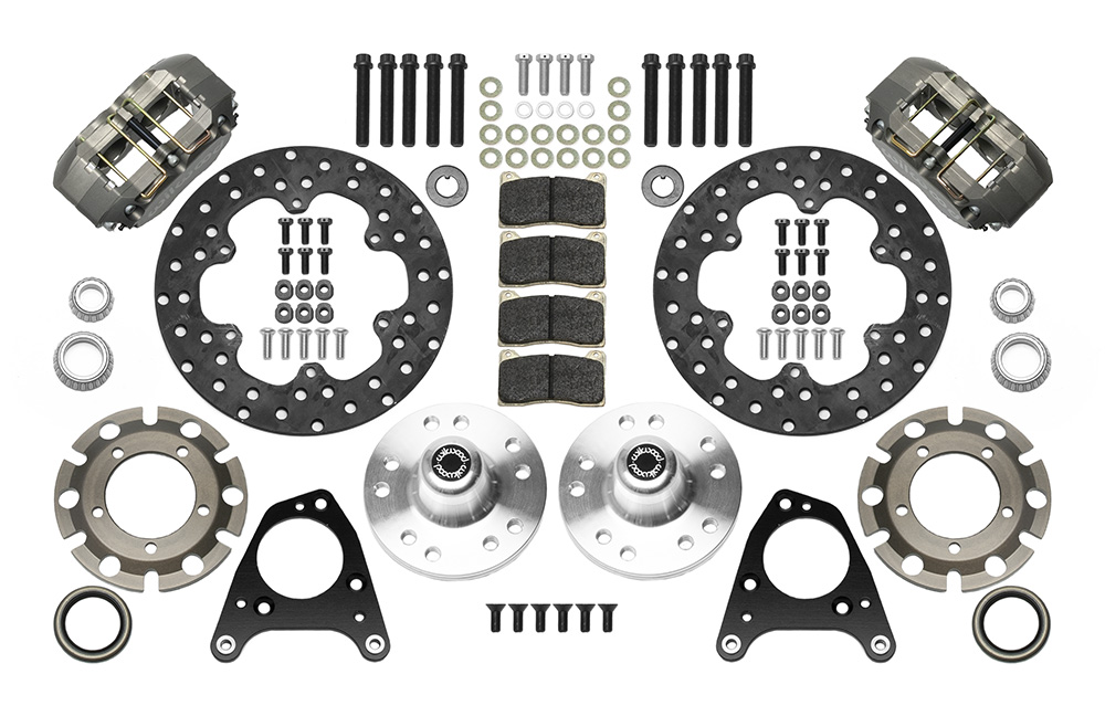 Wilwood Dynapro Lug Mount Front Dynamic Drag Brake Kit Parts Laid Out - Type III Anodize Caliper - Drilled Rotor