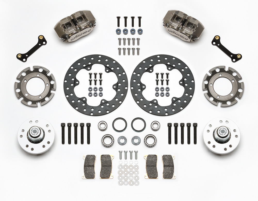 Wilwood Dynapro Lug Mount Front Dynamic Drag Brake Kit Parts Laid Out - Nickel Plate Caliper - Drilled Rotor