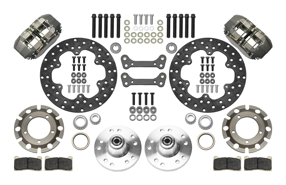 Wilwood Dynapro Lug Mount Front Dynamic Drag Brake Kit Parts Laid Out - Type III Ano Caliper - Drilled Rotor