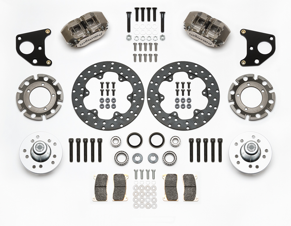 Wilwood Dynapro Lug Mount Front Dynamic Drag Brake Kit Parts Laid Out - Nickel Plate Caliper - Drilled Rotor