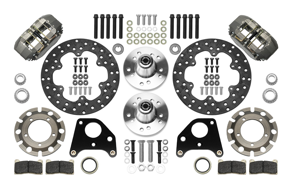 Wilwood Dynapro Lug Mount Front Dynamic Drag Brake Kit Parts Laid Out - Type III Anodize Caliper - Drilled Rotor