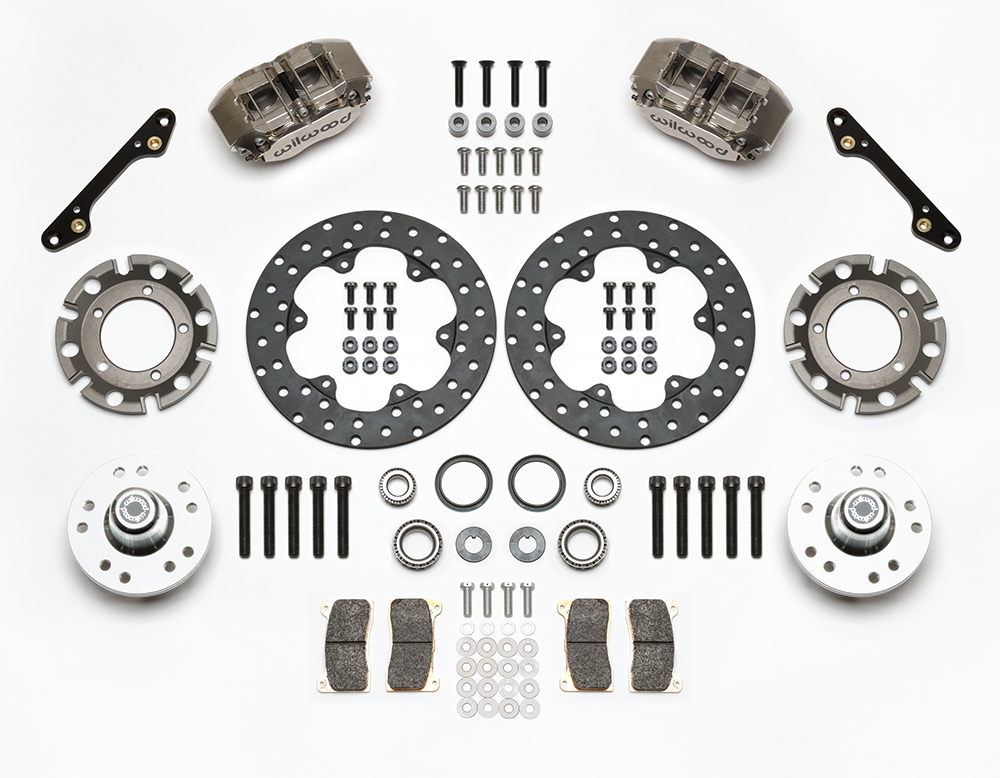 Wilwood Dynapro Lug Mount Front Dynamic Drag Brake Kit Parts Laid Out - Nickel Plate Caliper - Drilled Rotor