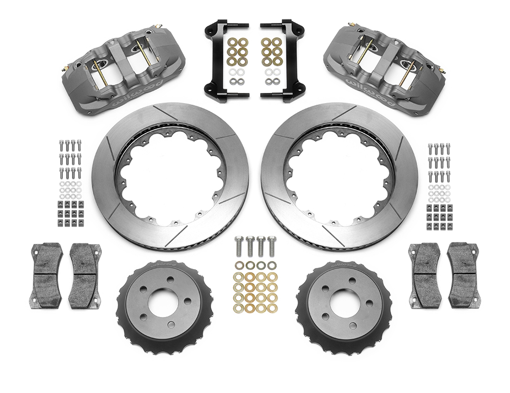 Wilwood AERO6 Big Brake Front Brake Kit (Race) Parts Laid Out - Type III Anodize Caliper - GT Slotted Rotor