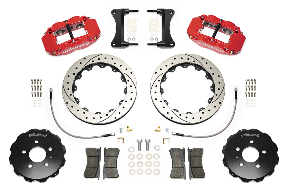 Wilwood Forged Narrow Superlite 6R Big Brake Front Brake Kit (Hat) Parts Laid Out - Red Powder Coat Caliper - SRP Drilled & Slotted Rotor