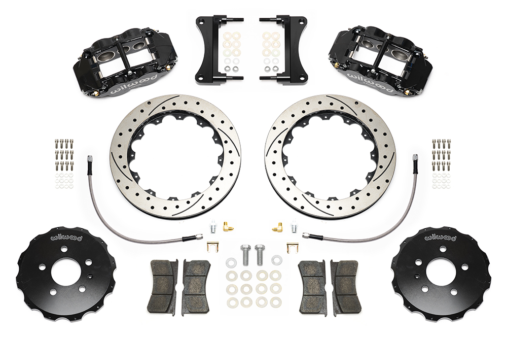 Wilwood Forged Narrow Superlite 6R Big Brake Front Brake Kit (Hat) Parts Laid Out - Black Powder Coat Caliper - SRP Drilled & Slotted Rotor