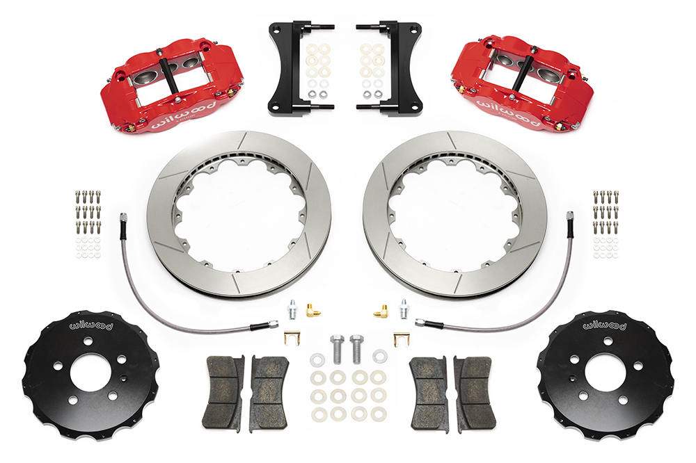 Wilwood Forged Narrow Superlite 6R Big Brake Front Brake Kit (Hat) Parts Laid Out - Red Powder Coat Caliper - GT Slotted Rotor