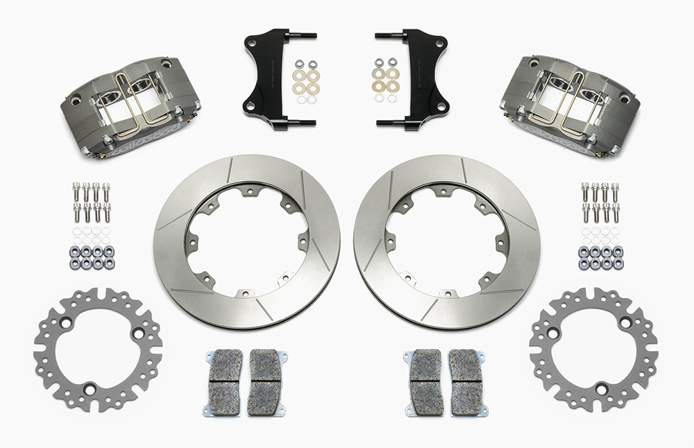 Wilwood Dynapro Radial Front Sprint Brake Kit Parts Laid Out - Type III Anodize Caliper - GT Slotted Rotor